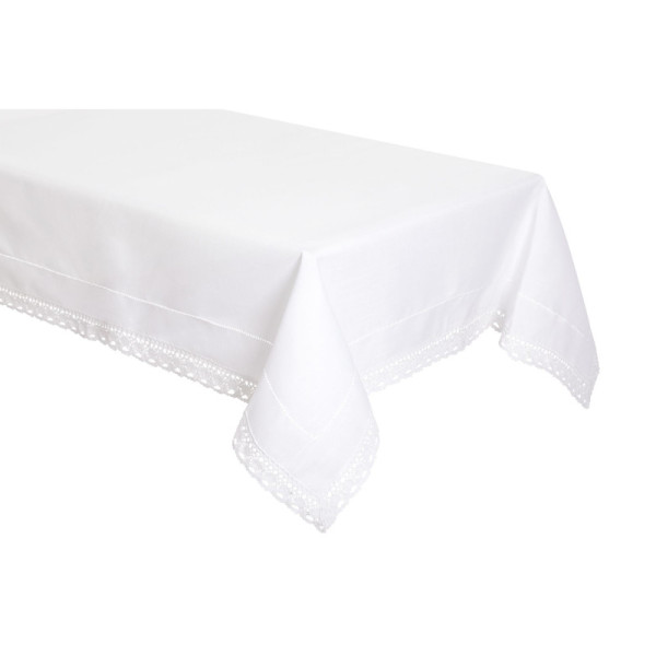 Baltas Staltiesė su Mezginiu ir Nėriniu kaip Linas